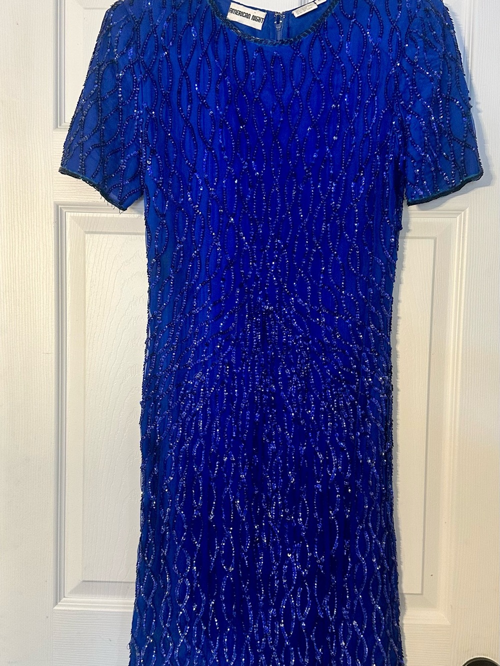 Vintage Beaded Cobalt Blue Short-Sleeve Knee Length Prom Dress